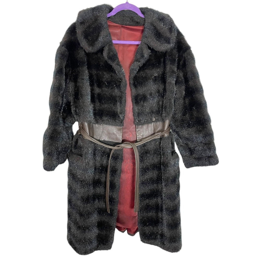 Dell-Mann Original L Brown Faux Fur Coat Leather Trim Belted Glam Mob Wife Luxe